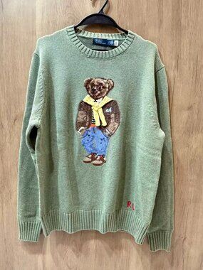Polo Ralph Lauren Sage Green Preppy Polo Bear Crewneck Cotton Knit Sweater